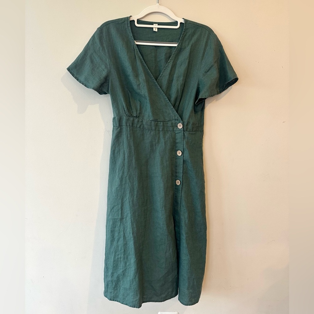 Grae Cove 100% Linen Midi Dress Pockets Emerald Green Small Natural Fiber
